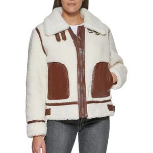 Levi's Women Faux-Sherpa Moto Coat in Cream and Potting Soil Size Medium